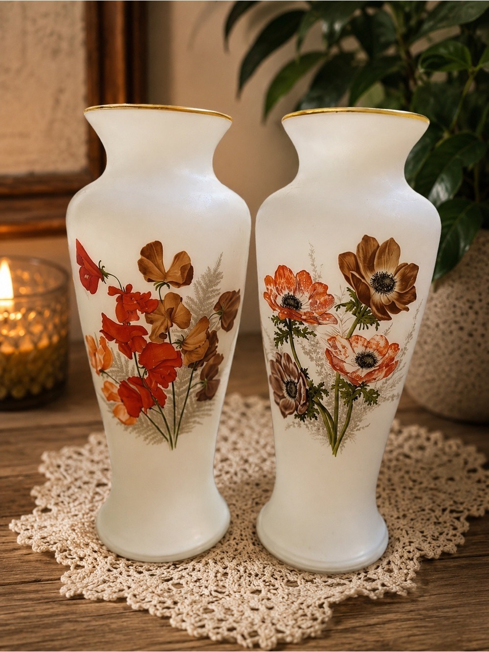 Vintage Bristol Glass Floral Vase Pair • Japan Hand-Applied Florals Cottagecore